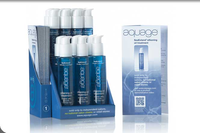 Salon counter display, literature holder and trifoild brochure for Aquage silkening oil treatment product.