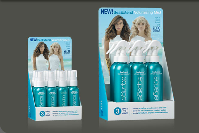 Salon counter displays for Aquage SeaExtend Volumizing Mist in travel and regular size bottles.